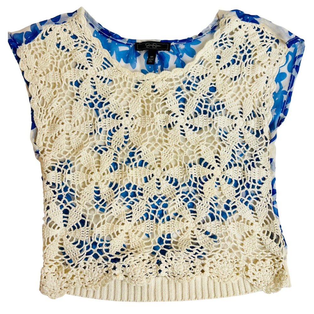 Jessica Simpson Crochet Lace Floral Chiffon Mixed Media Top Cream Blue Medium
